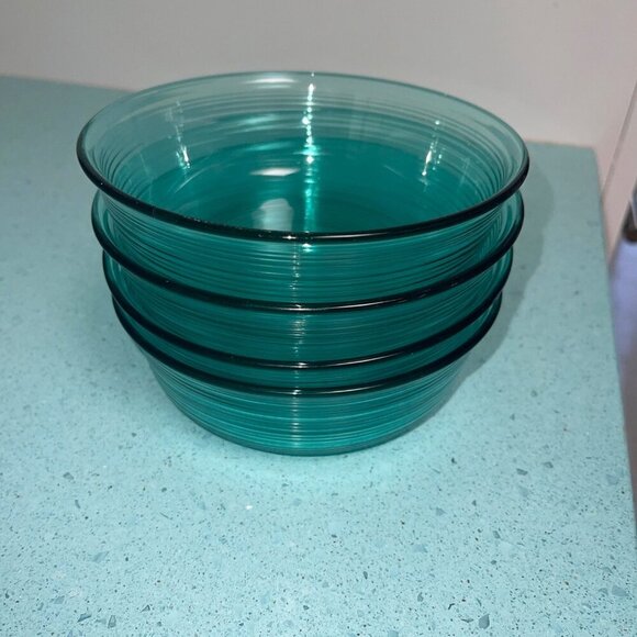 Arcoroc Vintage Cereal Bowl Teal Jardiniere Ribbed Glass Soup Set of 4 France - Picture 2 of 7